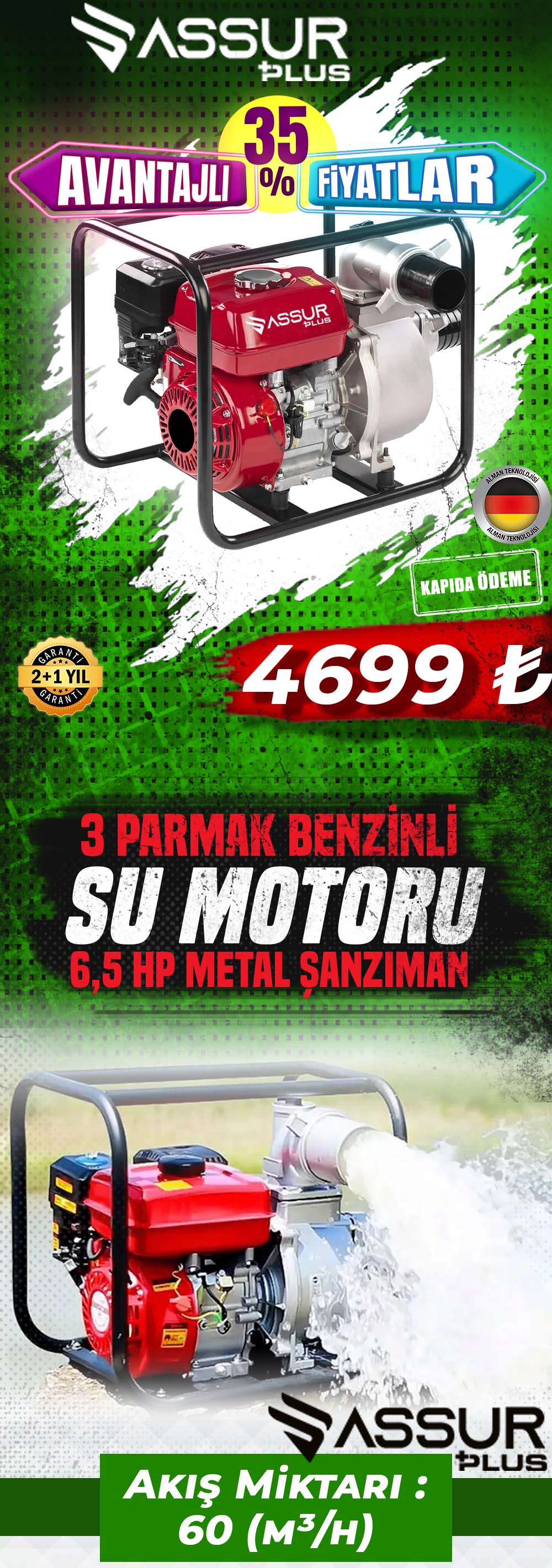 ASSUR STH 8972 3 Parmak Benzinli Su Motoru 6,5 Hp Yaprak