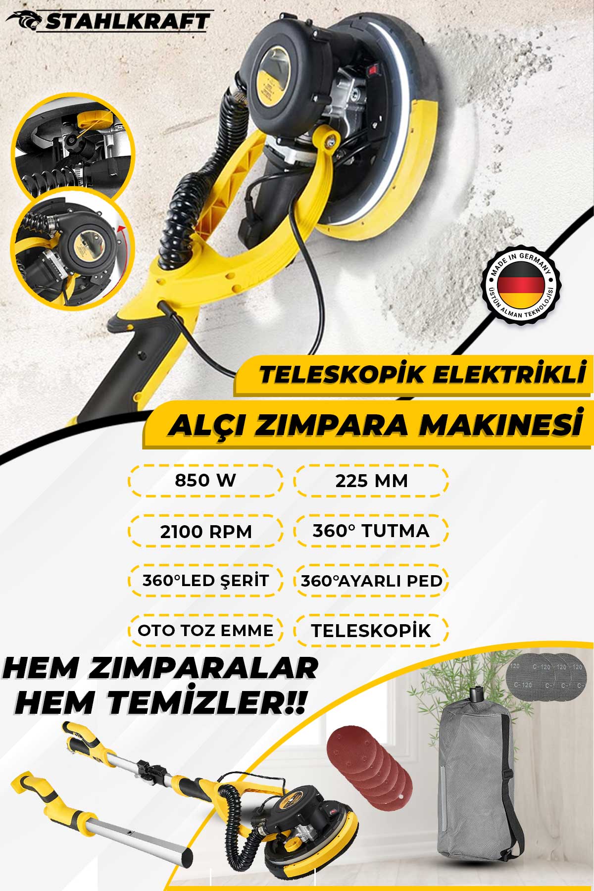 STAHLKRAFT STH 5833 850W 225mm Teleskopik Elektrikli Alçı zımpara Makinesi