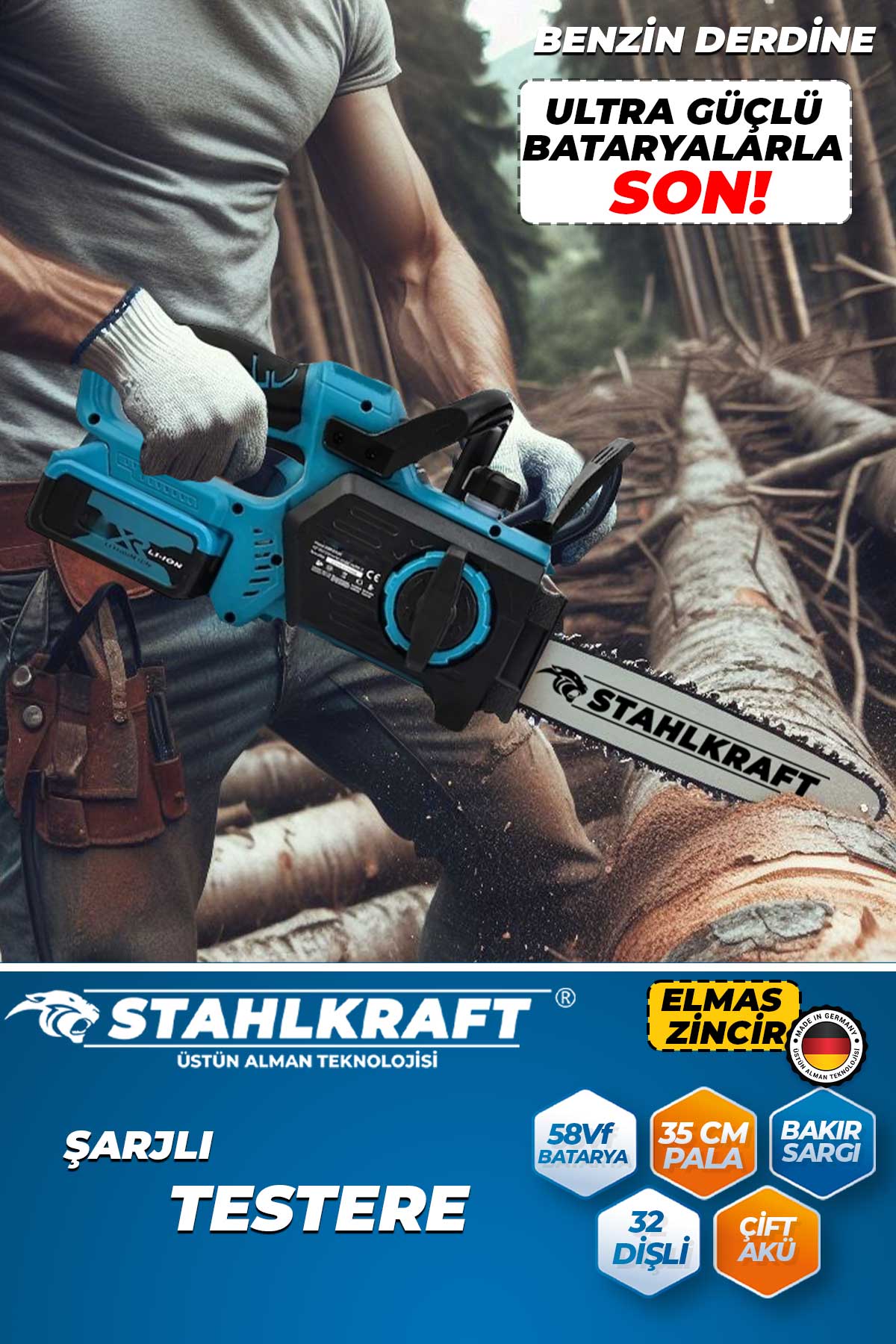 STAHLKRAFT STH 6162 58VF 30 Cm Pala Kömürsüz Akülü Dal Ağaç Bıçkı Kesme Motoru Testere Makinesi