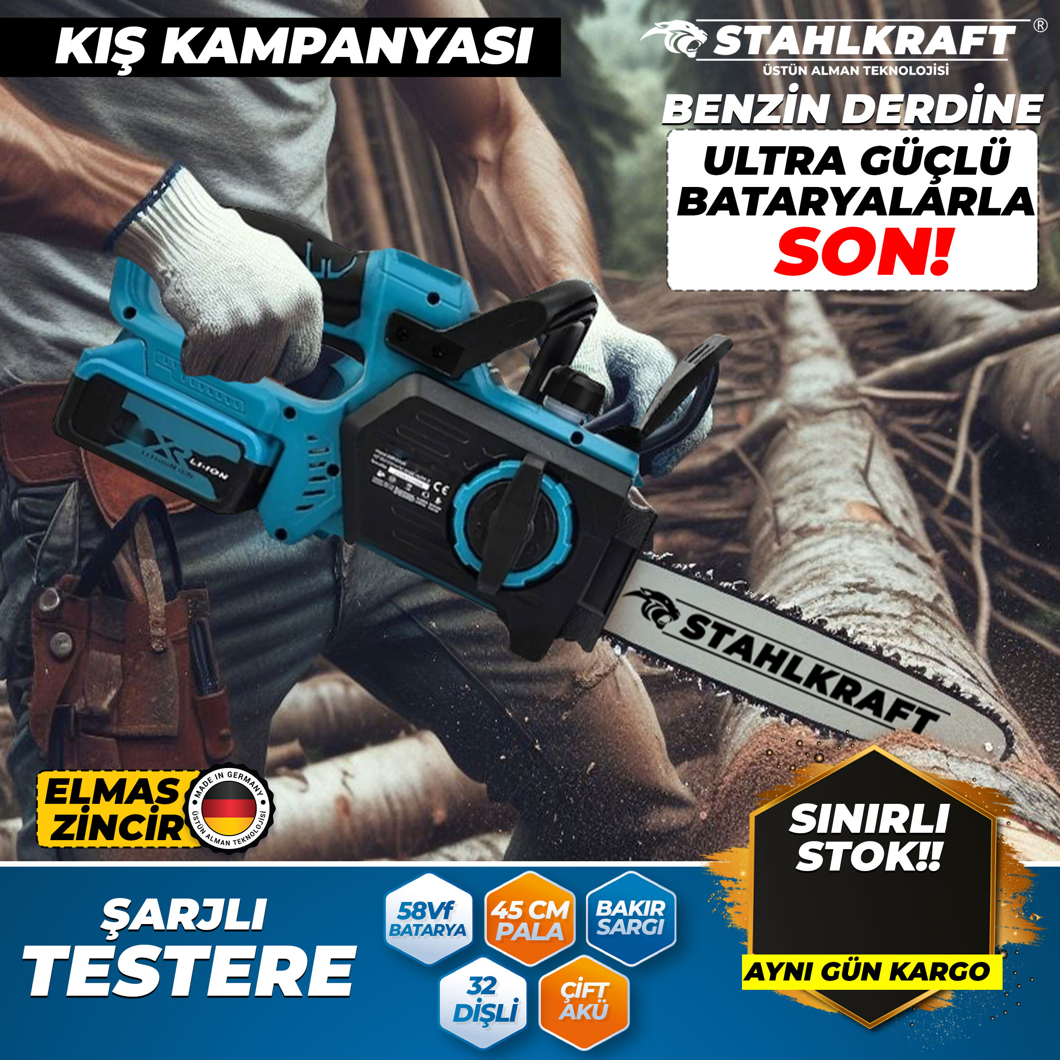 STAHLKRAFT STH 6165 58VF 45 Cm Pala Bakır Sargılı Çift Akülü Dal Ağaç Bıçkı Kesme Motoru Testere Makinesi