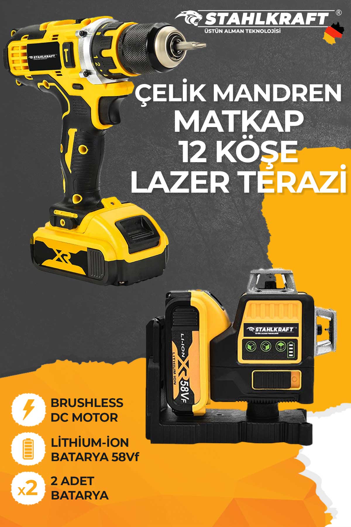 STAHLKRAFT STH 8853  58 VF Çift Akülü  Çelik Madren Matkap 12 Köşe 360° Otomatik Hizalamalı Lazer +Yeşil Çizgili 