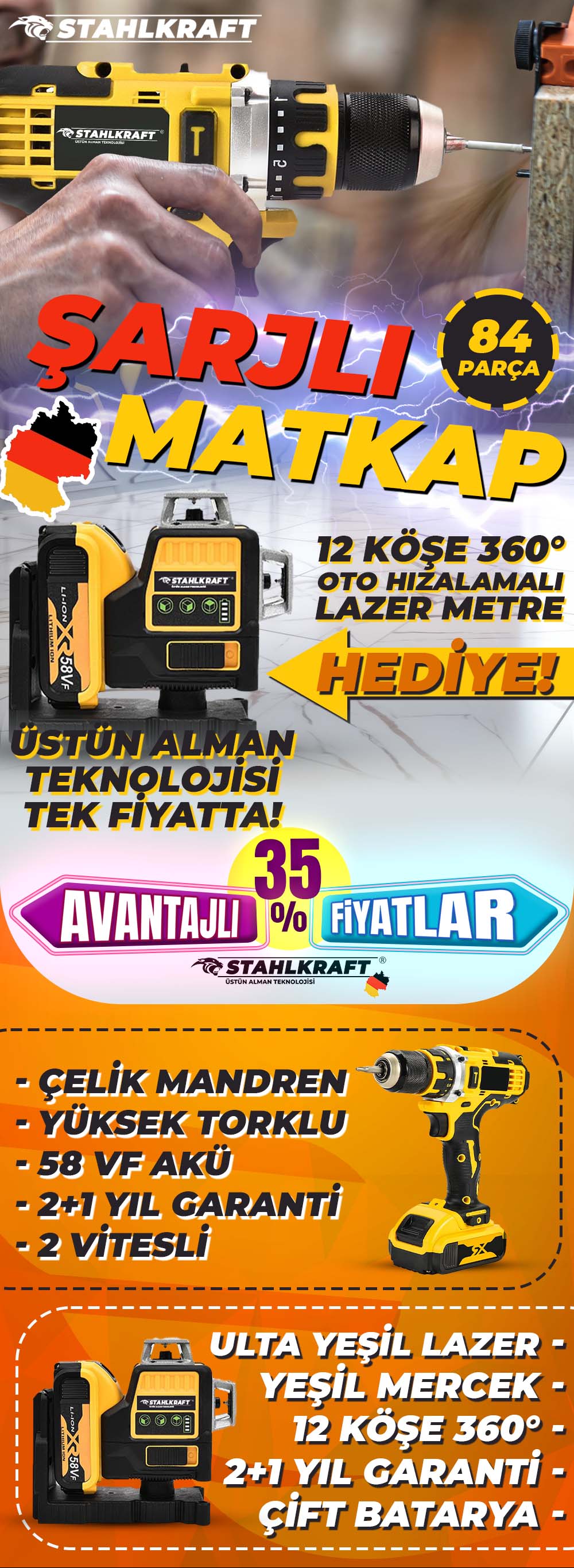 STAHLKRAFT STH 8853  58 VF Çift Akülü  Çelik Madren Matkap 12 Köşe 360° Otomatik Hizalamalı Lazer +Yeşil Çizgili Yaprak