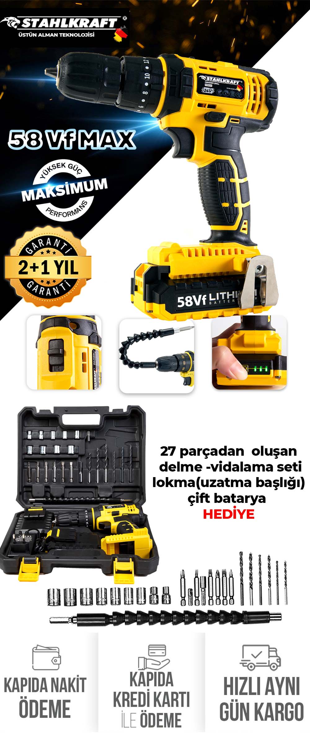 STAHLKRAFT Sth 9156 S  58vf Çift Akülü Li-ion Bataryalı Vidalama Matkap 27 Parça Hediyeli Yaprak