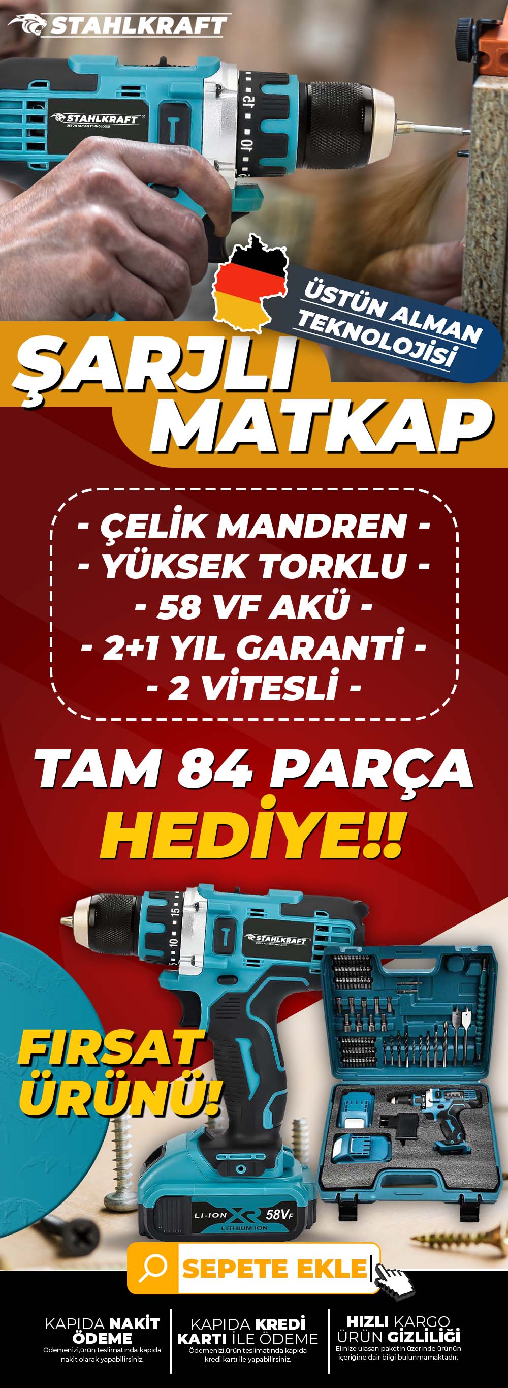 STAHLKRAFT STH 9183 58 Vf Çift Akülü Li-ion Bataryalı Çelik Madren Matkap 82 Parça Set Yaprak