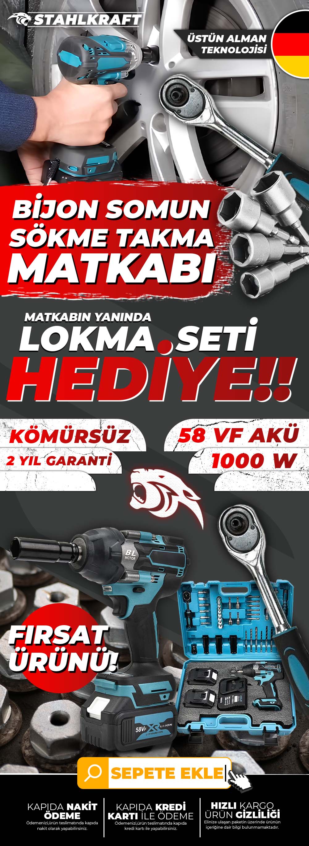 STAHLKRAFT STH 9275 58Vf Akülü Kömürsüz Yüksek tork Somun Sökme-Vidalama Cırcırlı Yaprak