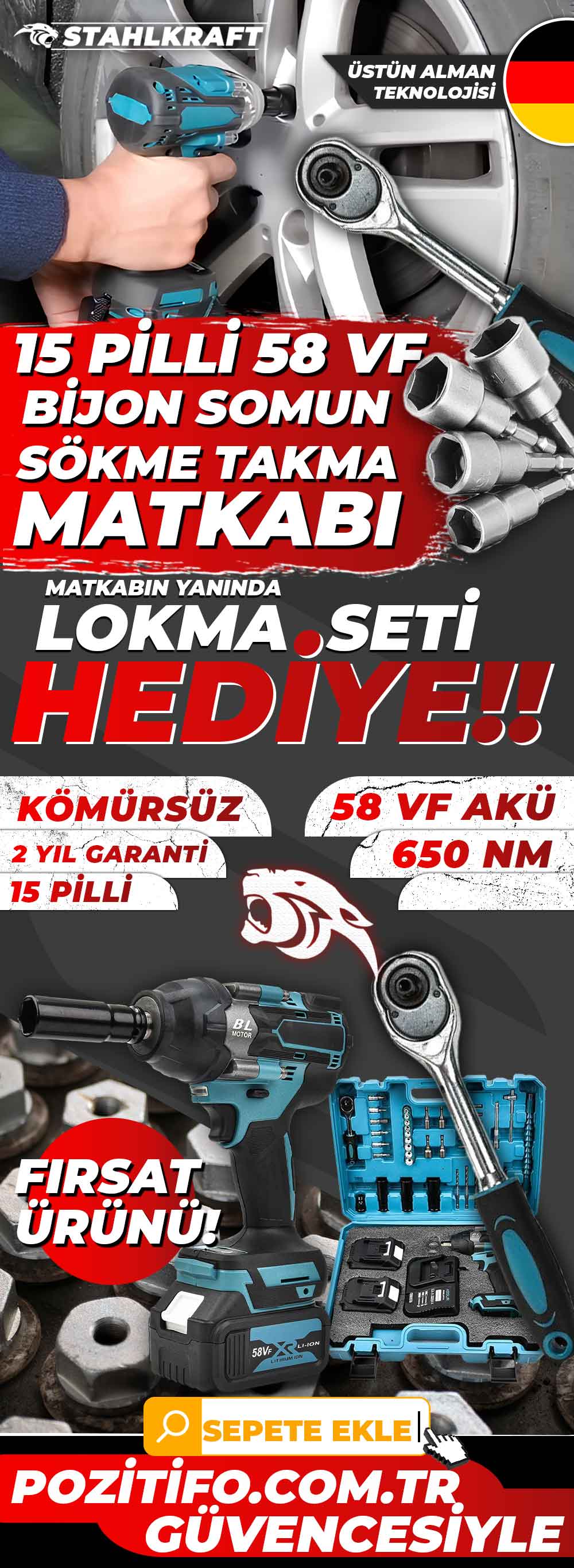 STAHLKRAFT STH 9280 Plus 650 Nm 58Vf 15 pil Akülü Kömürsüz Yüksek Tork Somun Sökme Yaprak