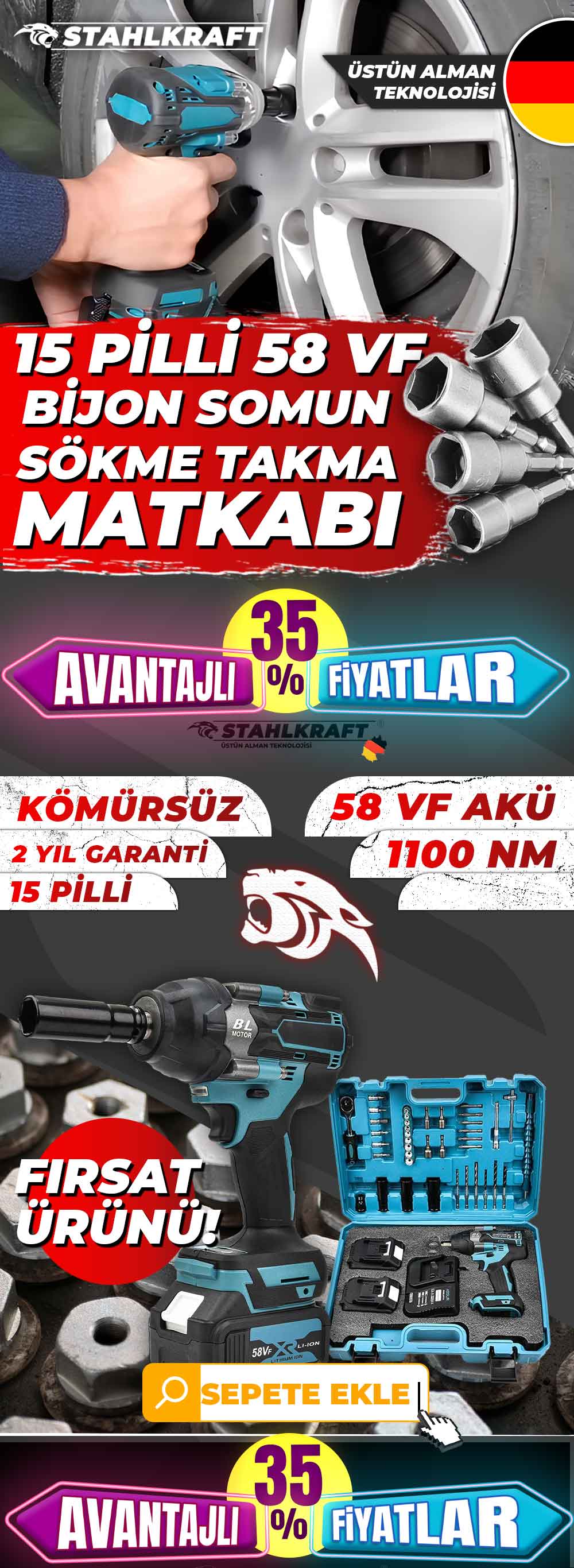 STAHLKRAFT STH 9294 Plus 1100 Nm 58Vf 15 pil Akülü Kömürsüz Yüksek Tork Somun Sökme Yaprak