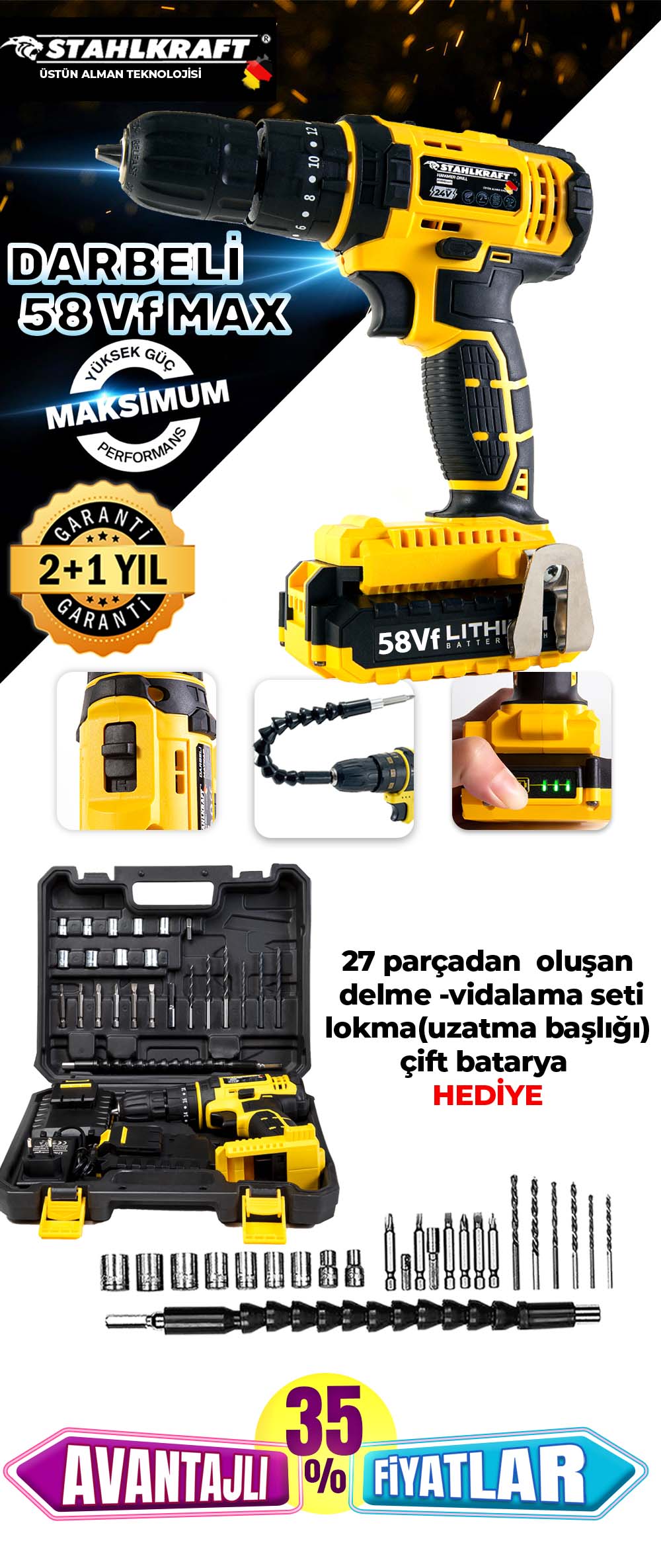 STAHLKRAFT STH 9323 S 58 VF Darbeli Çift Akülü Li-ion Bataryalı 24 Parça Matkap Yaprak