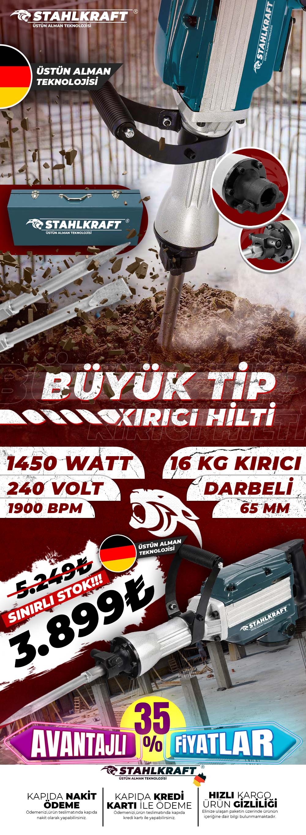 STAHLKRAFT STH 9785 1800W Profesyonel 16 KG Kırıcı Delici Hilti Yaprak