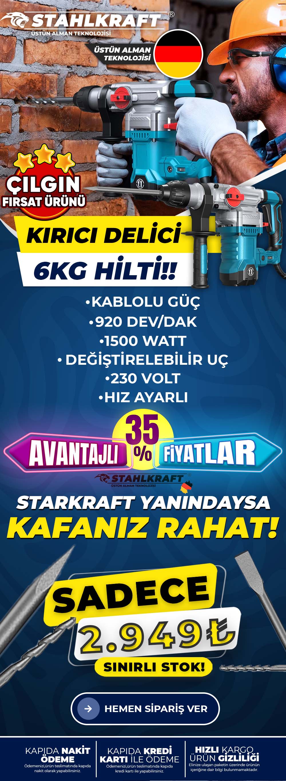 STAHLKRAFT STH 9788 1050W Profesyonel 6kg Kırıcı Delici Hilti Yaprak