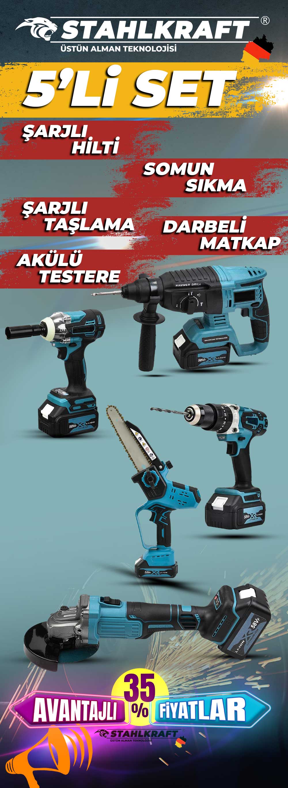 STAHLKRAFT STH 9945 58 VF 5 Lü MAX Plus Set Torklu Vidalama Somun Sıkma + Hilti + Matkap + Taşlama + Budama Yaprak