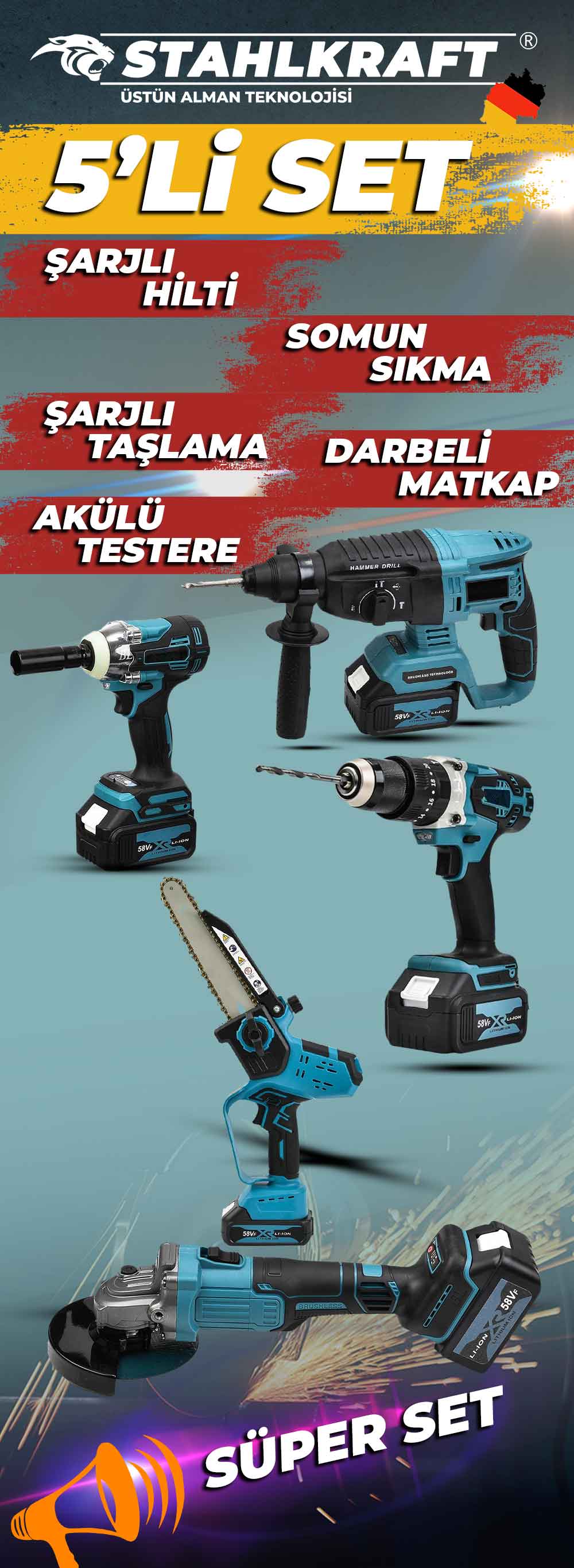 STAHLKRAFT STH 9943 58 VF 5 Lü MAX Plus Set Torklu Vidalama Somun Sıkma + Hilti + Matkap + Taşlama + Budama Yaprak