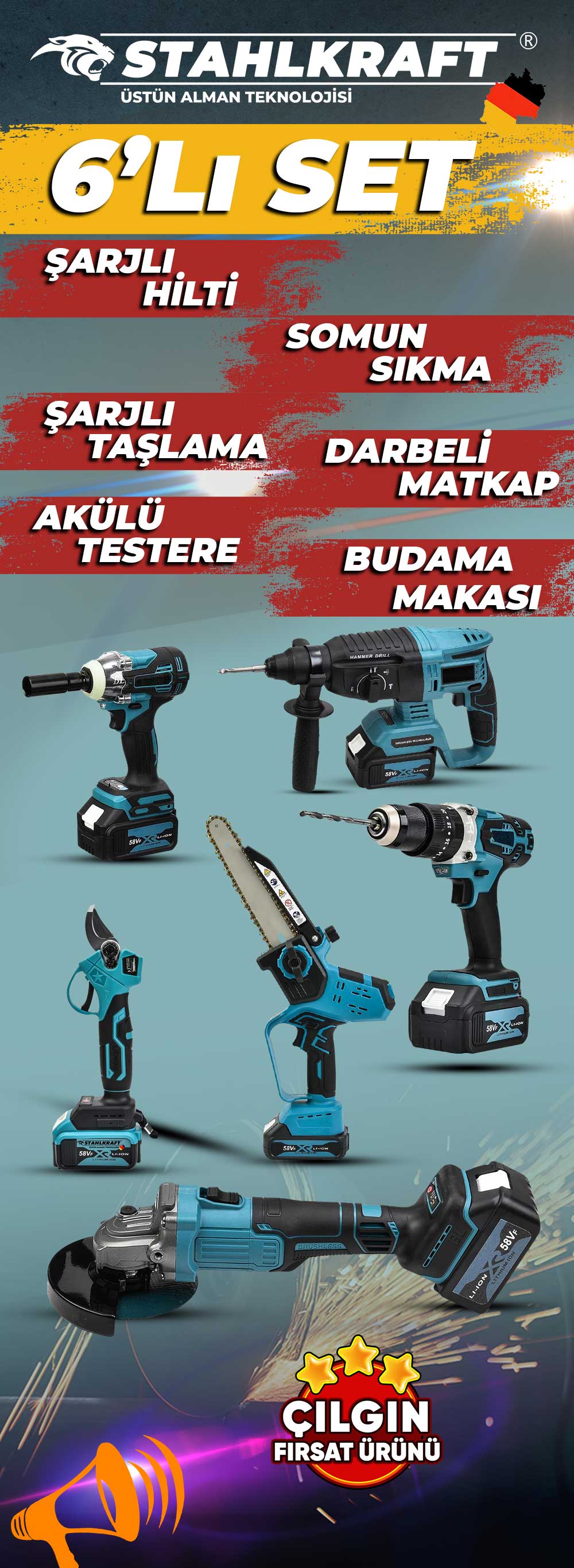 STAHLKRAFT STH 9947 58 VF 6 Lı MAX Plus Set Torklu Vidalama + Somun Sıkma + Hilti + Darbeli Matkap + Taşlama + Dal Budama Testeresi + Dal Budama Makası Yaprak